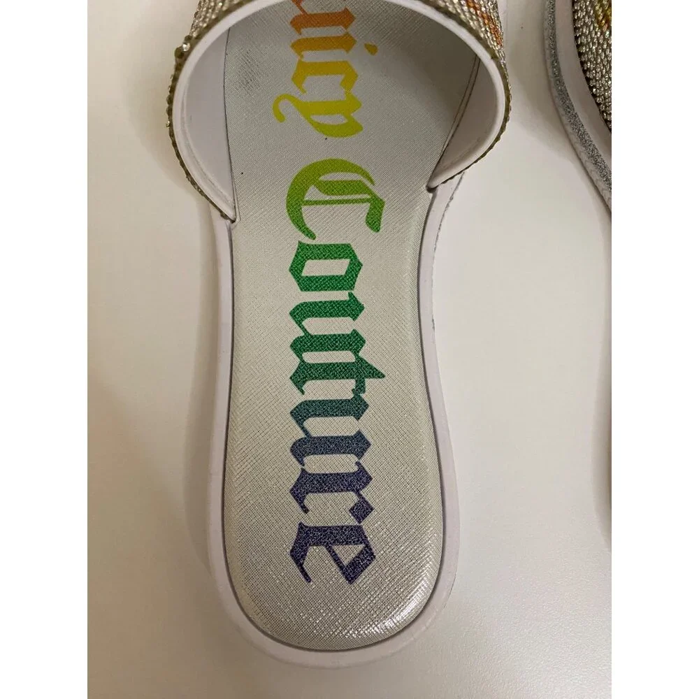 Juicy Couture Crystal Slip-On Slides Women Size 7 Clear Rainbow Sandal Flats Y2K